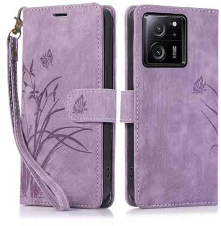 KQXG Hülle für Xiaomi 13T Pro/Xiaomi 13T - Stoßfeste Schutzhülle, Handyhülle aus Klapp Synthetik Leder mit Kartenfach, Weichem Silikon Innen, Ständer, Wallet Design, Magnetverschluss -Lila