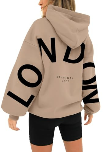 Uwdiohq Damen Pullover Mit Kapuze Aufdruck Auf Der Rückseite Einfarbige Hooded Hoodie Y2K Vintage Sweatshirt Casual Langarmshirt Mit Taschen Warme Bequem Kapuzenpullover Große Größen Damen