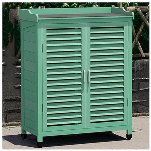 Tavolo da giardino in legno per esterni con capanno per attrezzi impermeabile, tavolo da lavoro con ripiani per patio, mobili da esterno durevoli