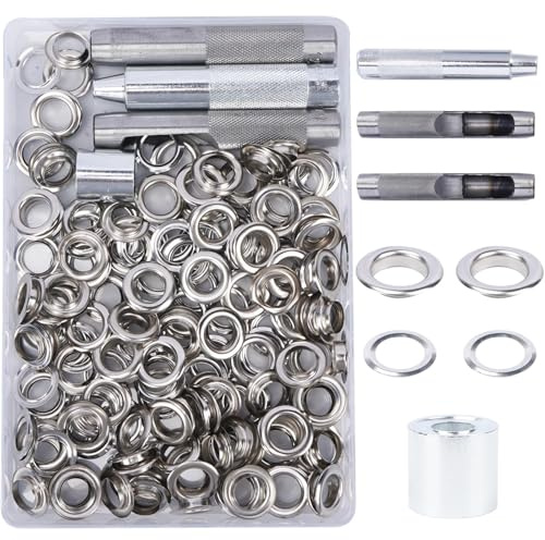 Luabue 140Sets 12mm Eyelet Punch Kit Silver Metal Eyelets Grommet Punch Kit, Tarpaulin Repair Kit 0.47in Grommets Eyelets for Fabric Leather Craft Tarpaulin Curtains DIY and Decoration