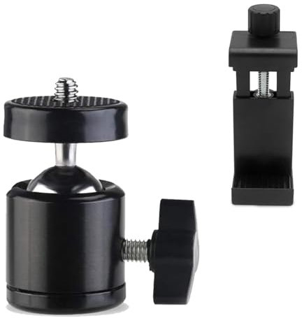 Iruihoo Swivel Mini Ball Head Tripod Mount with Mobile Phone Clip, Metal Camera Holder, DSLR & SLR Camera Compatible, Black, 1/4 Inch Connector