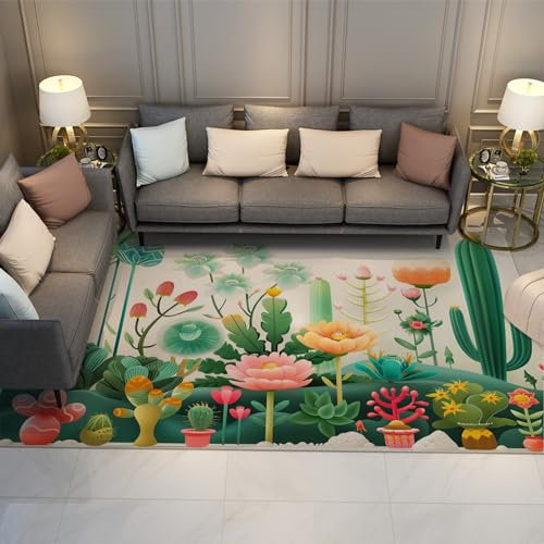 BYLEEHOMED Botanischer Wohnzimmerbereich Teppich 180x240cm Grün Tropische Pflanze Kaktus Innenbereich Teppich Rutschfester waschbarer Teppich für Schlafzimmer Dekor