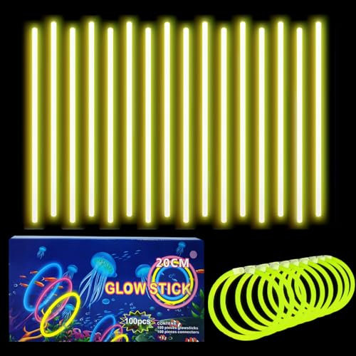 100 Barras Luminosas, Pulseras Fluorescentes y 100 Conectores, Neon Kits para Crear Collares Accesorios, Amarillo Varillas Brillantes para, Fiesta, Nochevieja, Navidad, Boda, Cumpleaños, Halloween