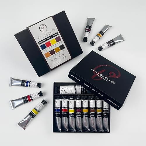 Non-Toxic, Vegan & Fast-Drying Artist Oil Paint Set (1x50ml + 8x22ml) – High Pigment Load with Natural Calcium Drier & Pure Flaxseed Oil – Complete Essential Colours for Landscape, Portrait & More