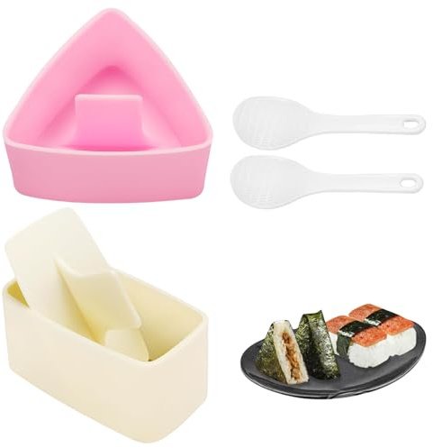 Auiremrti 2 Stück onigiri form,Beige Rechteck Onigiri Maker,Rosa Dreieck Reisformer,Onigiri Mold mit Reislöffel,Reisbällchen Former Kinder,Sushi Making Kit