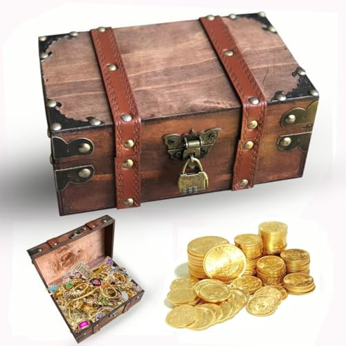 fuzhik Vintage Wooden Treasure Box with Lock Pirate Treasure Chest, Antique Jewellery Storage Lockable 21x13.5x9 cm - Handmade Rustic Keepsake Box for Women, Gifts for Boys and Girls Gift Toys