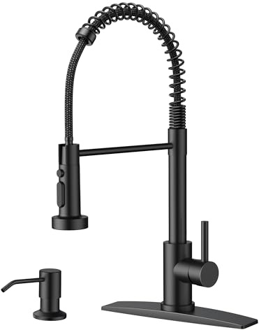 FORIOUS Black Kitchen Faucet with Soap Dispenser, Stainless Steel Kitchen Sink Faucet with Pull Down Sprayer Single Handle Modern Spring Commercial for Laundry Utility Room RV Camp Bar Farmhouse
