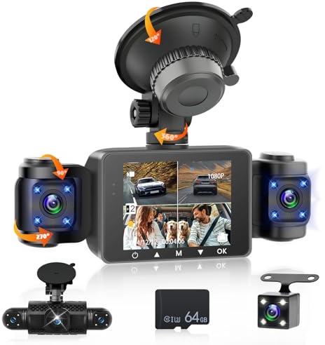Fuluku 360 Grados 4 Canales Todo Alrededor 1080P Car Dash CAM, 3 Pulgadas IPS Pantalla con 64GB/G-Sensor/Cámara Trasera/24H Modo Aparcamiento/Visión Nocturna/Grabación en Bucle