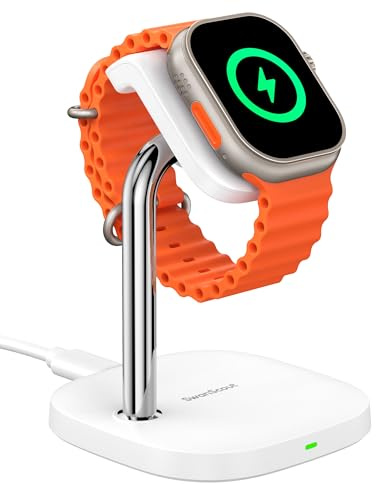 5W Fast Charging Stand for Apple Watch 11/Ultra 3/SE 3/10/9/8 | Magnetic Wireless Charger for Apple Watch 7/6/5/4/3/2/SE 2/Ultra 2, Adjustable Angle Charger, White, SwanScout 505A