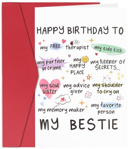 MOTIBACK Geburtstagskarte für Besties, Happy Birthday to My Bestie Karte, Friends Happy Birthday Karte mit rotem Umschlag, 4,7 x 7,1 Zoll, Humorvolle Grußkarte für besondere Freundinnen
