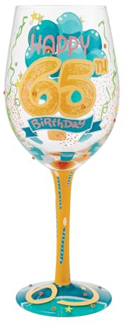 Enesco Lolita Happy 65th Birthday - Copa de vino artesanal pintada a mano, 15 onzas, multicolor