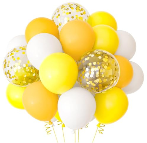 Ovanda 60 Gelbe Luftballons 30 cm Gelb Weiß mit Konfetti für Geburtstag | 60 Ballons aus Latex, für Luft oder Helium; in Gelb, Weiß und Konfetti für Babyparty, Zitronenparty, Bienenparty und Hochzeit