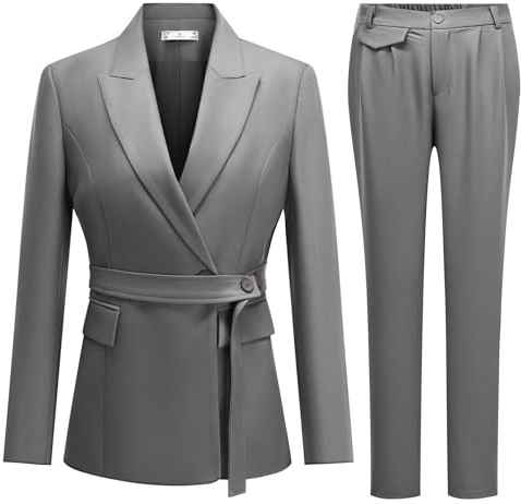 YYNUDA 2-delat set för kvinnor, kostym (med bälte) smal passform med en knapp affärskläder med fickor elegant vardaglig elegans för fyra årstider, Färg: grå, L