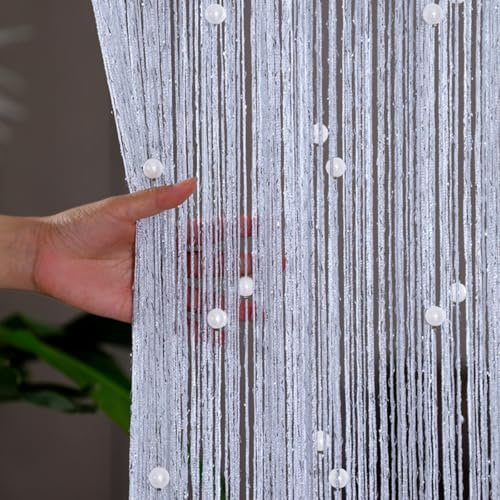 Mateju 2 Stück Weiße Perlen Fadenvorhang Balkontür Türvorhang 100 x 200 cm Perlenvorhang Fadengardine Quastenvorhang Dekorativer Raumteiler Fliegenschutz Schiebevorhänge (Weiß)
