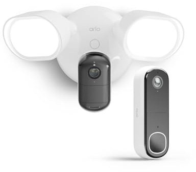 Arlo Floodlight wifi-övervakningskamera + FHD-dörrklocka, trådlös, 160° nattsyn, inbyggd projektor och larm, rörelsedetektering, tvåvägsljud, säker Arlo rättegång ingår