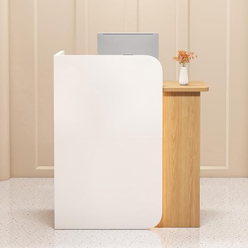 Massivholz Empfangstresen Schreibtisch mit Schubladen & Schrank - Büro Empfangstheke & Registrierkasse für Geschäfte, Hotels und Besprechungsräume - Weiß + Naturholz - Rechte Seite 80 × 45 × 100 cm