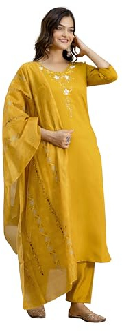 TRENDMALLS Women's Chanderi Embroidery Kurta Pant with Dupatta Set (G382-Yellow-XXL)