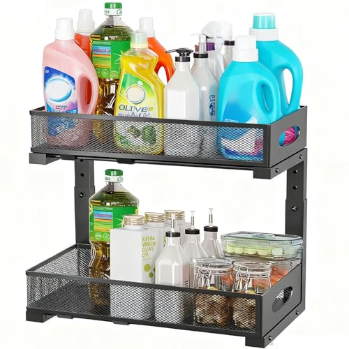 Metall Küchenschrank Organizer mit Herausgleiten, Spülschrank Organizer, Ausziehbar 2 Etagen Metall Unter Waschbecken Regal, Ordnungssystem für Küche, Badezimmer, Putzmittel, Waschmittel (Schwarz)