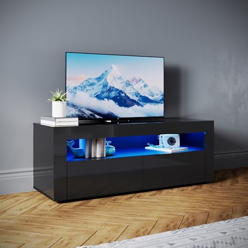 SONNI Mobile basso soggiorno moderno per soggiorno, Mobile TV nero con telecomando e illuminazione LED orientabile, 12 colori, 120x40x45cm