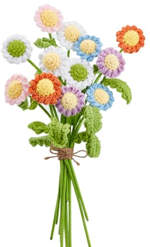 AHANDMAKER 12 fiori artificiali fatti a mano a maglia, margherite all'uncinetto, girasole, fiori artificiali, bouquet di fiori finti per la decorazione della casa, tavolo, matrimonio, estate festa