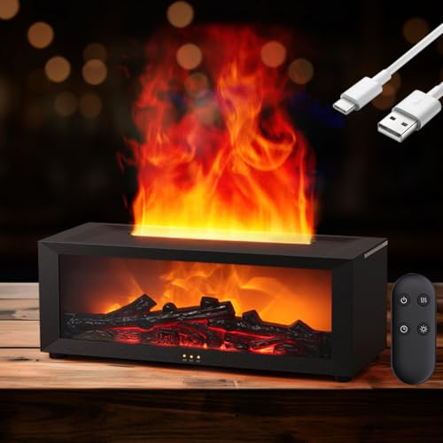 Flammen Aroma Diffuser, Duftöl Diffusor für Ätherische Öle mit 7-Farben-Licht Flammeneffekt, Diffuser ätherische öle mit LED Kamin, mit Fernbedienung und Timer, für Zuhause Büro Oder Yoga (Schwarz)