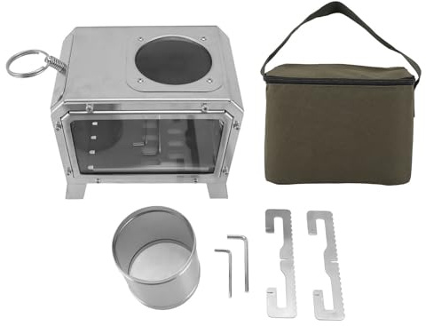 Estufa de leña ardiente Acero Inoxidable Acero Inoxidable Estufa de Campamento con cajón de Ventana de Vidrio Bandeja de Cenizas Estufa de leña Multifuncional para cocinar