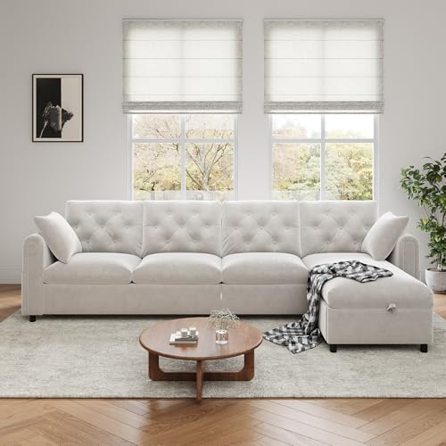 A ALFRESCOOL Sofa L Form mit Schlaffunktion, Ecksofa, Schlafsofa mit Stauraum, Samt, im Eckbereich Links & Rechts Verstellbar, mit Seitentaschen, Rückenlehne Knopfheftung, 281×71×86cm (Beige)