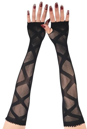 Netzhandschuhe Schwarz Damen, Netzhandschuhe für Damen, Lange Schwarze Fingerlose Handschuhe, Fischnetz Handschuhe Halloween, Elastic Gloves, Kostümzubehör, für Halloween und Karneval (B)