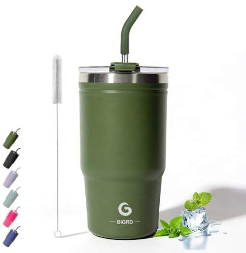 BIGRD 591 ml isolerad kaffekopp resemugg med sugrör och lock 591 ml, läckagesäker rostfritt stål kontorsvattenflaska håller kallt och varmt i 8 timmar, armégrön