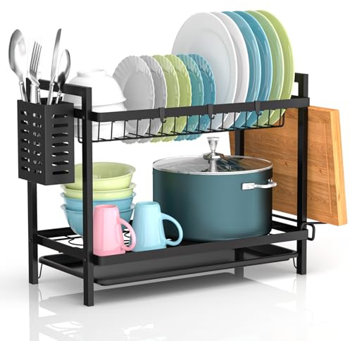 Gaethra® 2 Livelli Scolapiatti da Appoggio Scolapiatti Per Bancone Da Cucina, Scolapiatti da Lavello con Vassoio Gocciolatoio, Posate, Portabicchieri, Antiruggine Colapiatti, Adatto a Famiglia, Nero