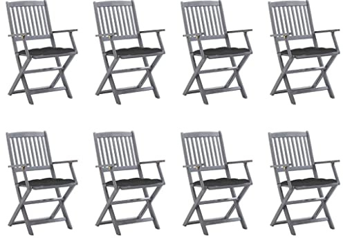 Mokuyary Fällbara trädgårdsstolar, set om 8 med kuddar, massivt trä, akacia balkongstol, terrassstolar, matstolar för terrass, trädgård, balkong – B