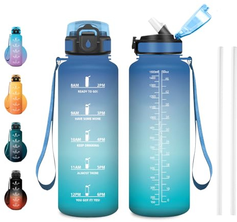 JAPORIA Borraccia 1.5L, Borraccia da Palestra con Indicatore del Tempo, con Cannuccia, senza BPA, Riutilizzabile, A Prova di Perdite, per Campeggio, Ufficio