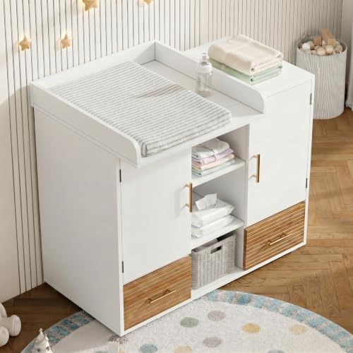 BTM Multifunktionale Wickelkommode mit Stauraum Baby-Wickeltisch mit Wickelaufsatz Kommode Schlafzimmer Weiß