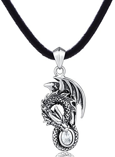 DonDon Collar de Cuero para Hombre 50 cm con Colgante de Acero Inoxidable dragón in 3D óptica