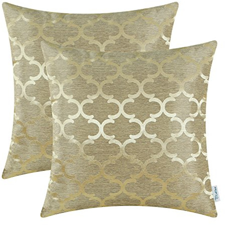 CaliTime Kissenbezüge Kissenhülle 2er-Pack Wurfkissenbezüge Schalen für Heim-Sofa-Couch Modern Glänzend & Matt Kontrast Quatrefoil Akzent Geometrisch 45cm x 45cm Gold