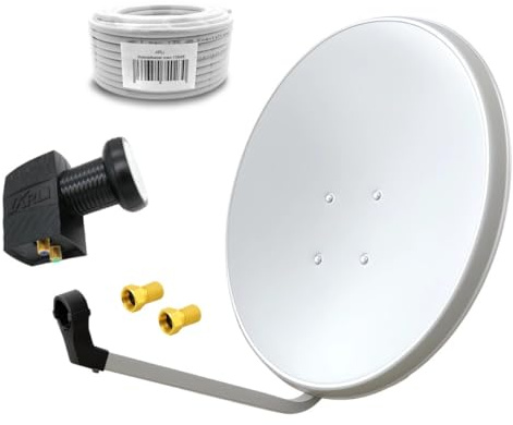 60cm HD Sat Anlage Twin LNB + 15m Koaxialkabel 135dB + 2 F-Stecker Digital 2 Teilnehmer Antenne Weiss UHD 4K