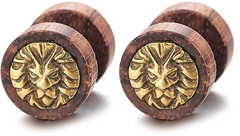 Uomo Donna Oro Testa di Leone Legno Cerchio Orecchini, Finto Dilatatore Fake Cheater Plug Gauges, Acciaio, 1 Paio