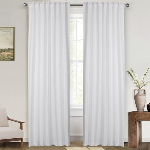 Ramanta Home Cotton Semi Sheer Curtains 50x108 Inches - Set of 2 Farmhouse Textured Slub Fabric Light Filtering Long Window Curtain Panels for Boho Rustic Décor Back Tab Window Linen Drapes - White
