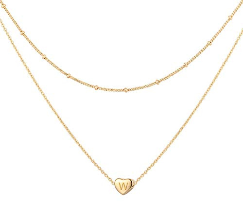 Glimmerst Collar con inicial de corazón en capas para mujer, chapado en oro de 18 quilates, cadena de cuentas de acero inoxidable, collar personalizado con nombre de letra pequeña para niñas dorado