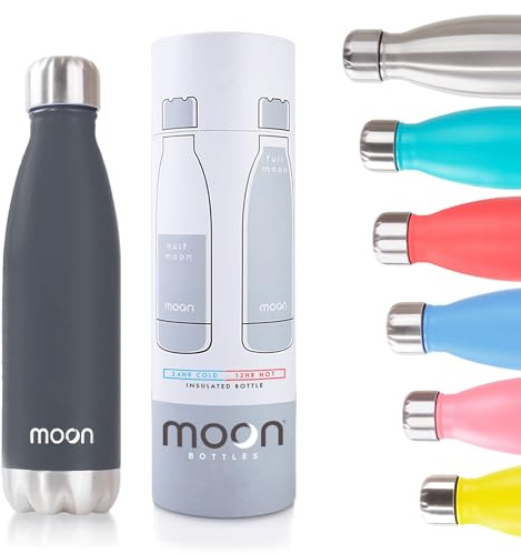 Moon Bottles - Insulated Water Bottle that Lasts Forever - 18/8 Stainless Steel Vacuum Flask - Double Walled Drink Bottle - Thermal Metal Flasks, Leakproof, 24hrs Cold & 12 Hot (260ml, Matte Black)