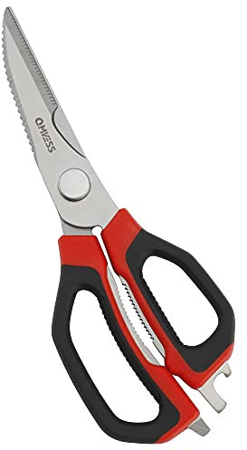 QMVESS Küchenschere aus Edelstahl, 22,9 cm, robuste Küchenschere, scharfe Klingen, rutschfestes Design, Geschirrspüler, Mehrzweck-Kochschere, Küche, Geflügel, Fisch, Fleisch, Grillen, Pizza (rot)