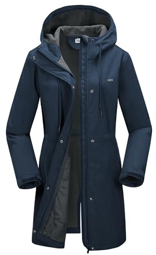 33,000ft Women's Waterproof Softshell Jacket Long Hooded Functional Jacket | Fleece lining, 2-Way Zipper, 4 Pockets, Adjustable Waist, Windproof, Warm, Breathable, for Outdoor, Hiking, Walking