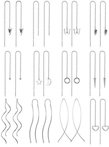 Finrezio 12 Paar Edelstahl Durchzieher Ohrringe für Damen - Mond, Sterne, Kugelkette Einfädler, Twist Wave Lange Hängend