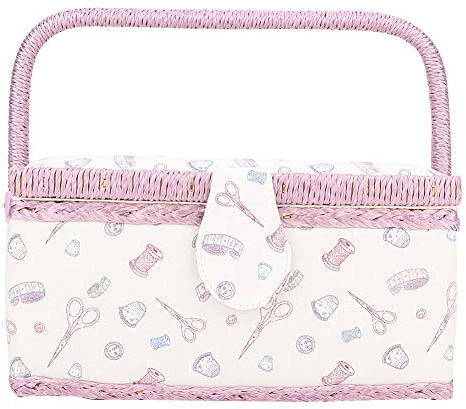 Sewing Basket with Fabric Craft Thread Needle Vintage Sewing Basket Household Design Sewing Tool Storage Box with Removable Tray Builtin Pin Cushion and Interior Pocket