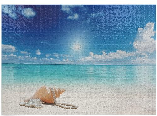 ABAKUHAUS Muscheln Puzzle, Muscheln Tropical Beach, Heirloom-Qualität lustige Aktivität für die Familie langlebiger Karton, 1000 Stücke, Türkis-Creme