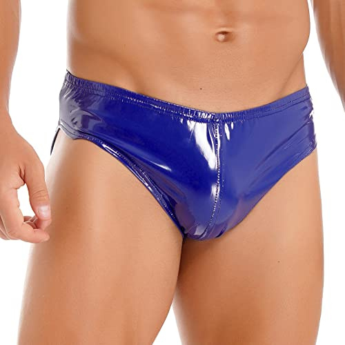 Agoky Herren Leder Boxershorts Lack glänzend Optik Wetlook sexy Unterwäsche Reizwäsche für Männer Clubwear sexy Slips Tanga Shorts Blau L