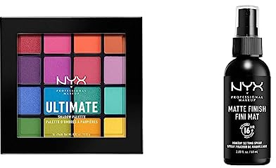 NYX Professional Makeup Palettes de Fards à Paupières Ultimate Shadow Palette, 16 Couleurs, Pigments Pressés, Fini Irisé, Métallique, Mat, Brights & Spray Fixateur, Tenue Longue Durée, Fini Mat, 60 mL