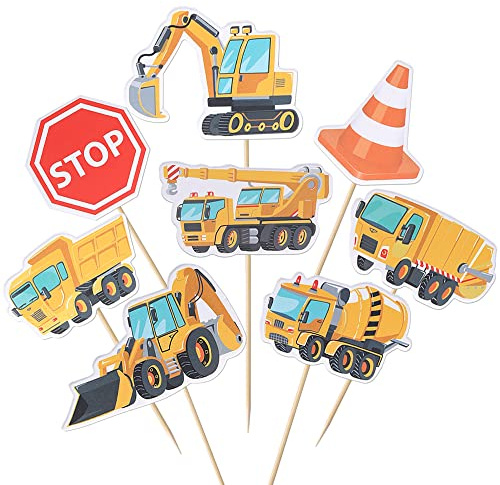 SYKYCTCY 32 Pack Construction Cupcake Toppers Dump Truck Excavator Tractor Party Stop Sign Cupcake Picks Kids Birthday Construction Theme Baby Shower Party Cake Decorations Supplies