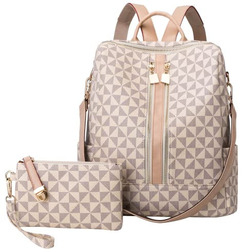 Kiepoar Damen Rucksack aus PU Leder mit Wallet, Stilvoll Tasche Diamantmuster Lederrucksack mit Schultergurt als Umhängetasche, Elegant Backpack Große Mode Bag für Arbeit Schule Reise
