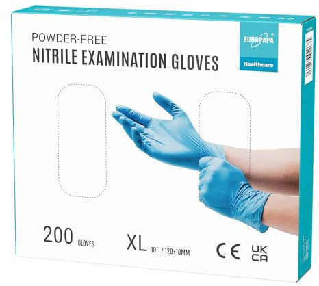 EUROPAPA® 200x Einweghandschuhe Nitrilhandschuhe puderfrei Untersuchungshandschuhe EN455 EN374 latexfrei Einmalhandschuhe Handschuhe in Gr. S, M, L & XL verfügbar (XL, Blau)
